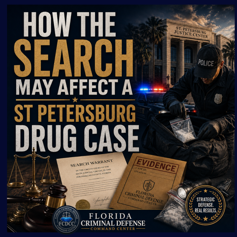 How a search may affect a St Petersburg drug case with police officer, search warrant, evidence bag, courthouse, and flashing police lights